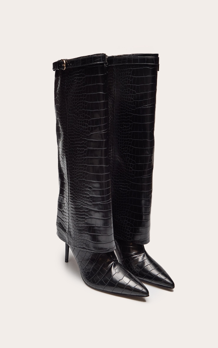 Black Croc Fold Over Heeled Knee High Boot image 3