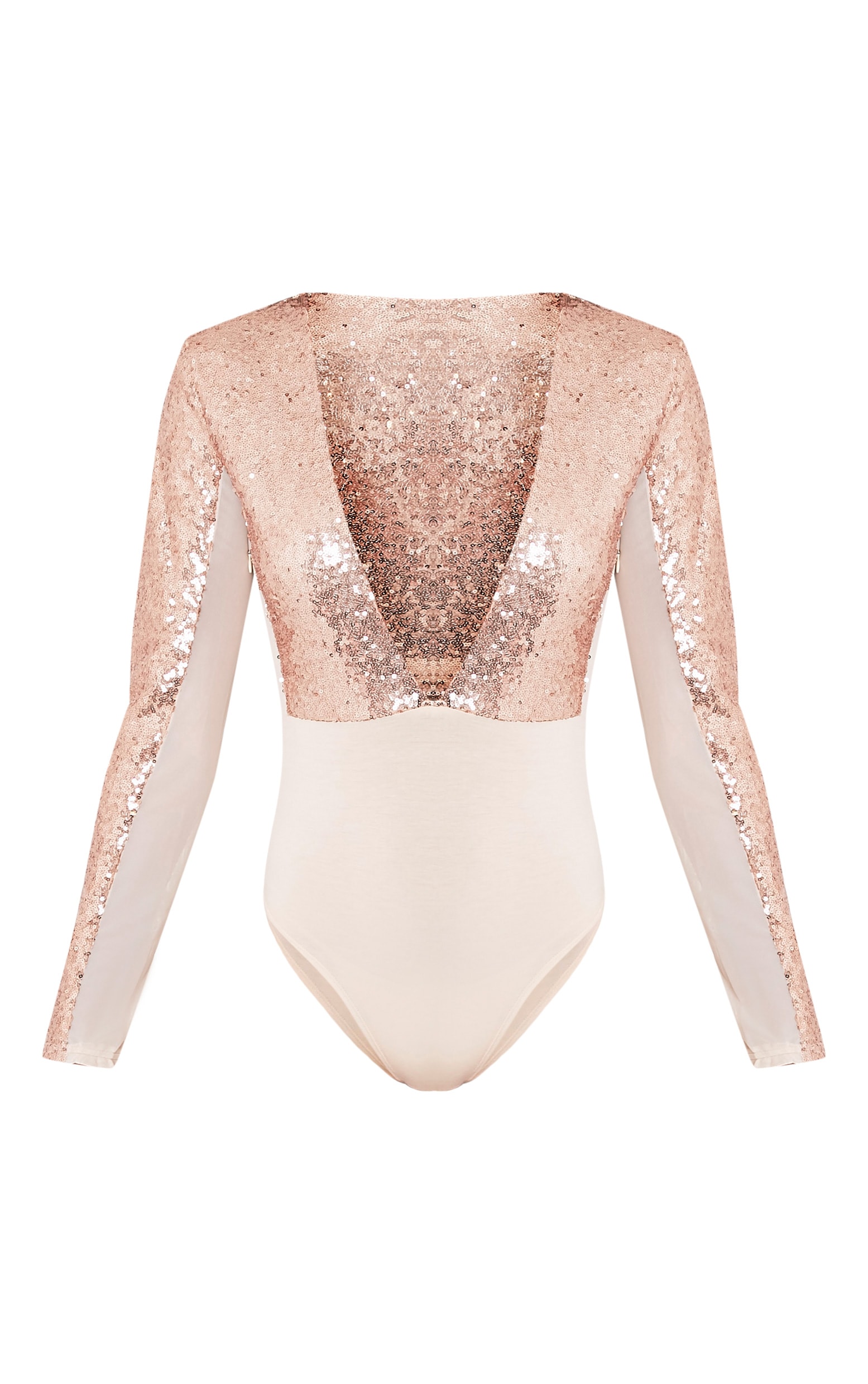 Kimberlyn Rose Gold Sequin Plunge Mesh Thong Bodysuit PrettyLittleThing
