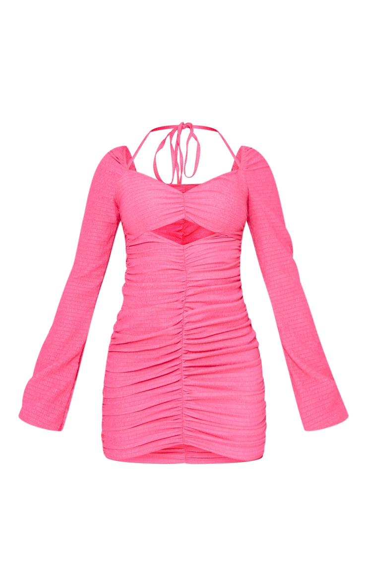 Petite Pink Flared Sleeve Crinkle Ruched Bodycon Dress image 5