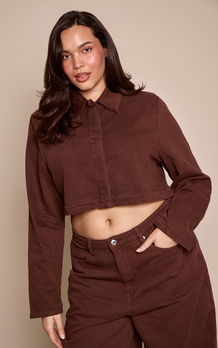Plus Chocolate Cropped Denim Contrast Stitch Jacket