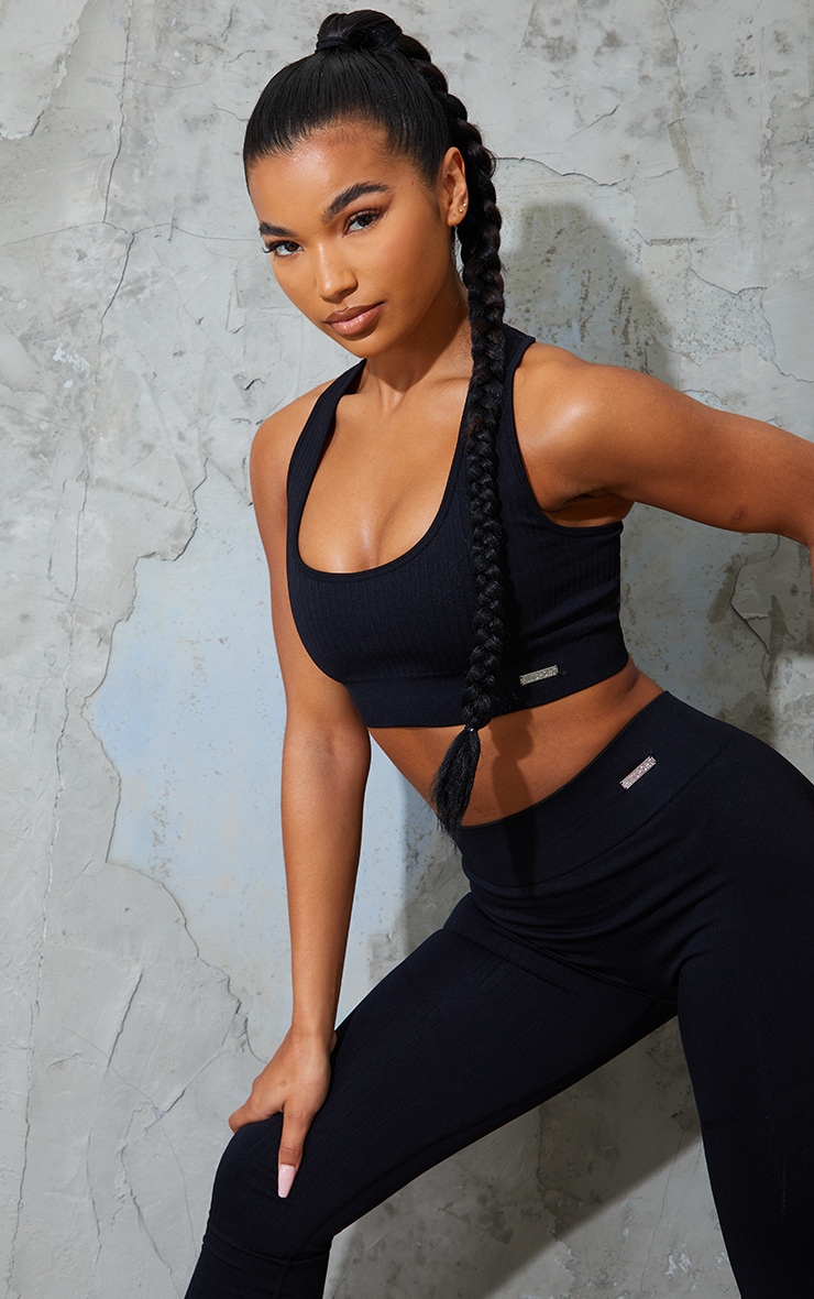 Soutien-gorge de sport rembourré côtelé noir sans coutures