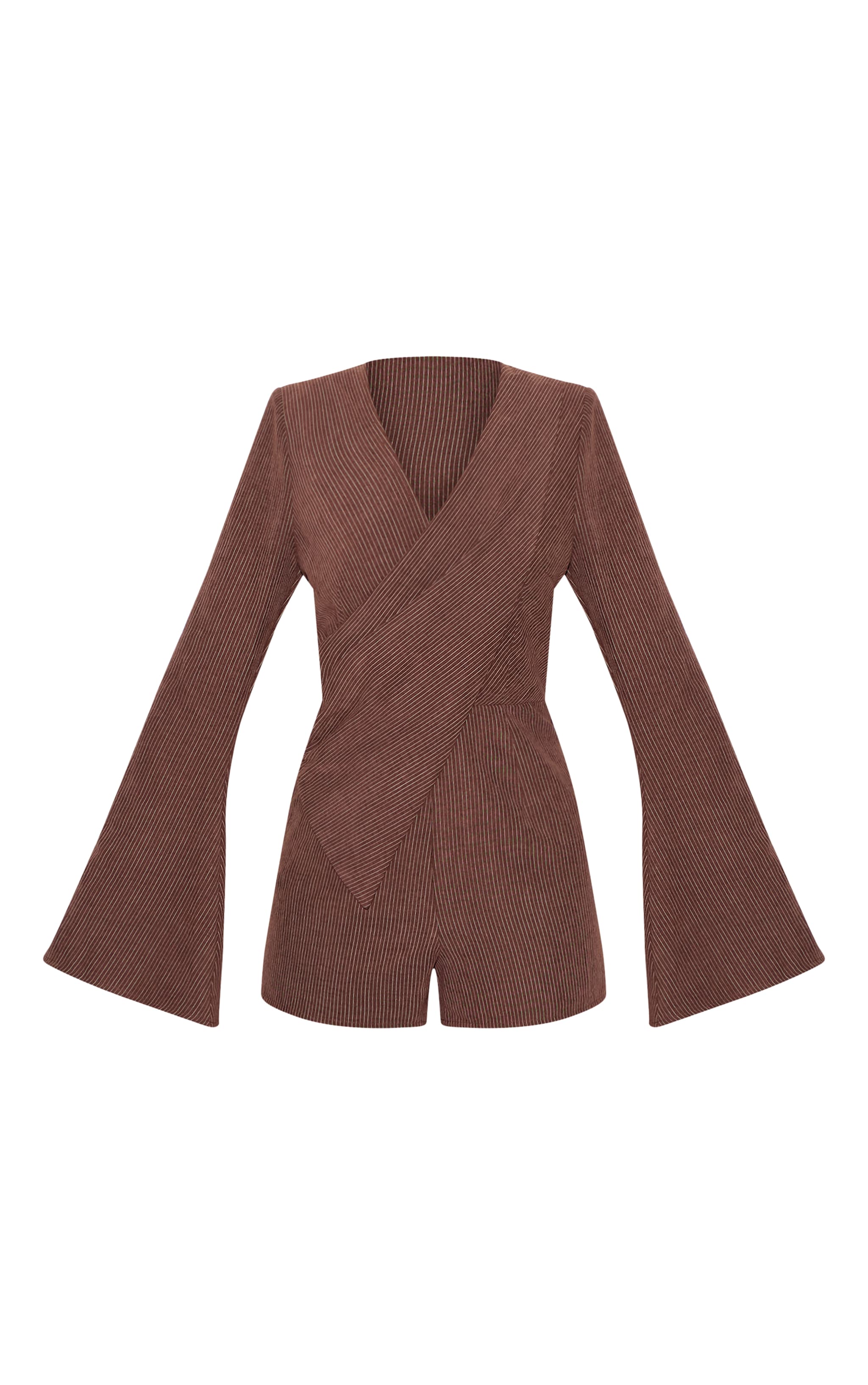 Brown Pinstripe Peachskin Wrap Front Long Sleeve Romper image 5