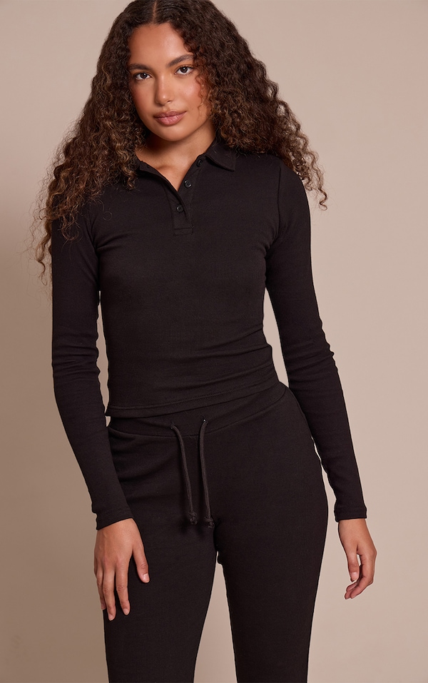 Tall Black Collared Long Sleeve Rib Top