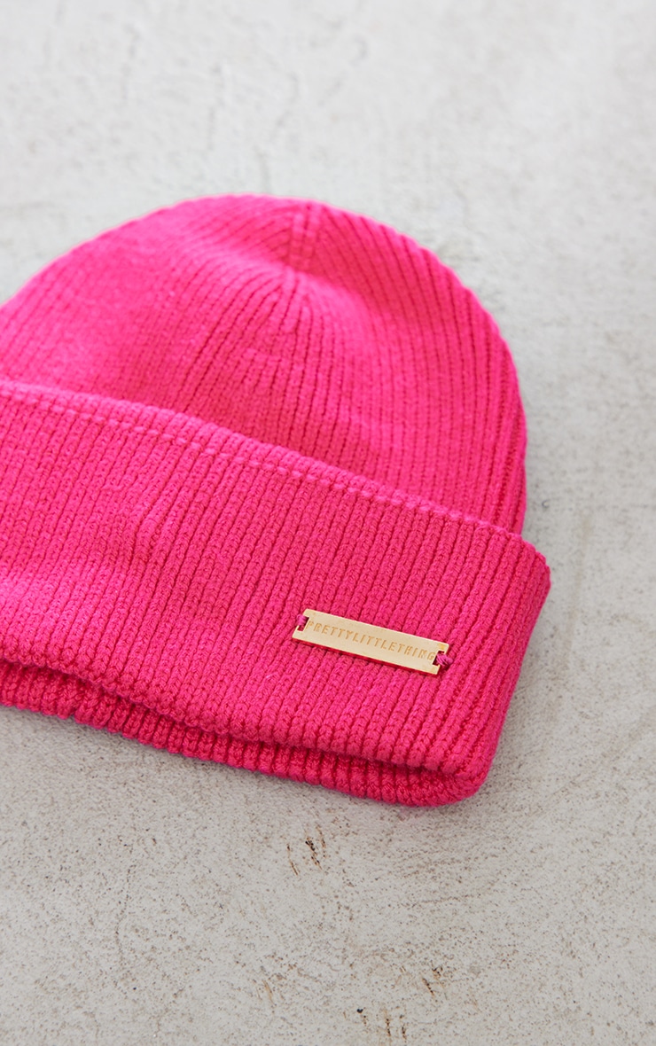 PRETTYLITTLETHING Pink Metal Tab Beanie image 3