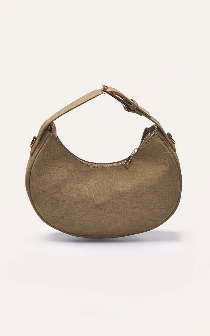 Olive Faux Suede Croc Crescent Shoulder Bag image 4