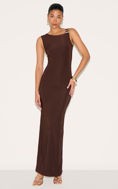 Chocolate Double Slinky Asymmetric Trim Detail Maxi Dress