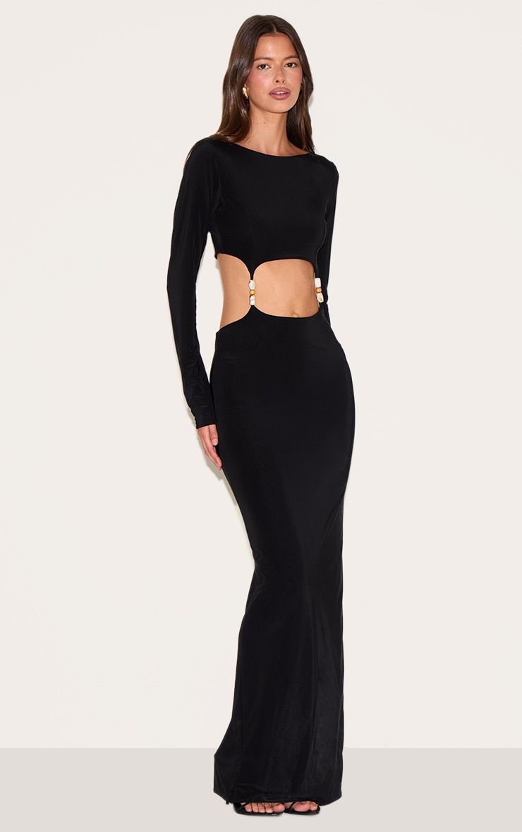 Black Double Slinky Trim Detail Cut Out Maxi Dress image 3