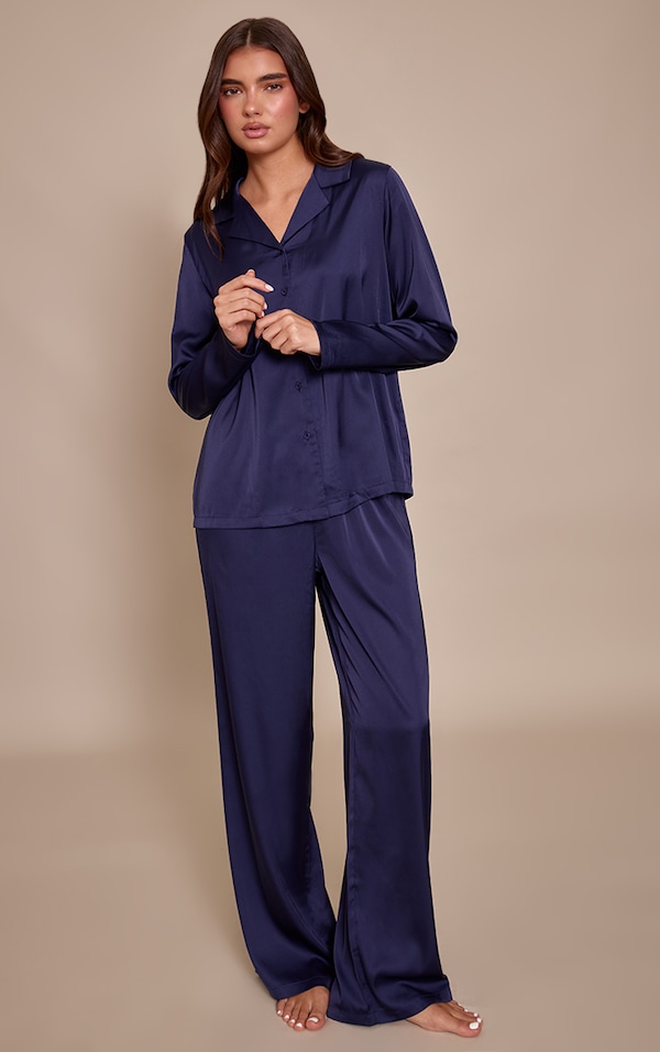 Navy Satin Long Sleeve Button Down Shirt PJ Set