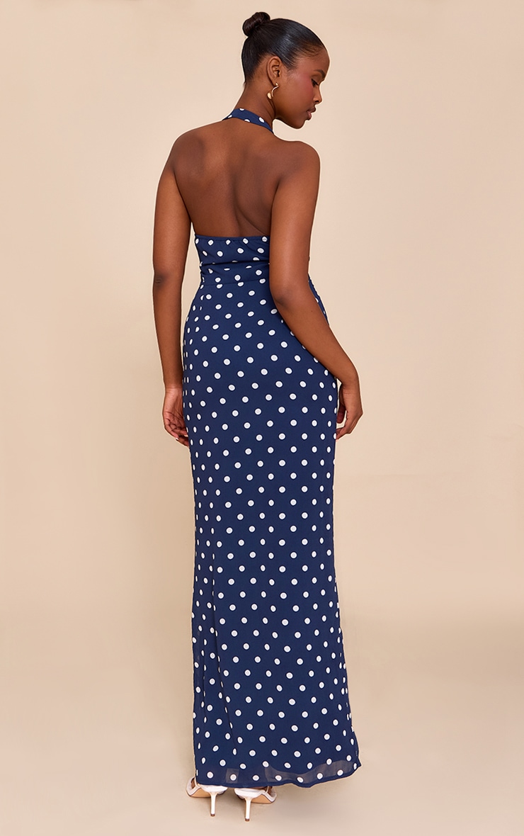 Navy And White Chiffon Polka Dot Printed Plunge Neck Maxi Dress image 2