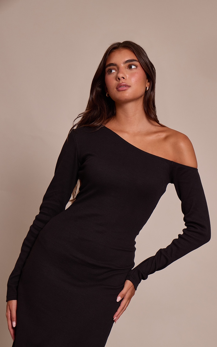 Black Ribbed Asymmetric Long Sleeve Maxi Dress image 4