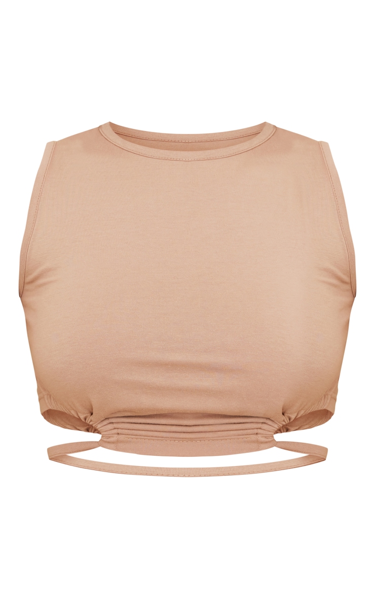 Crop top camel en jersey sans manches froncé à ourlet tombant image 5