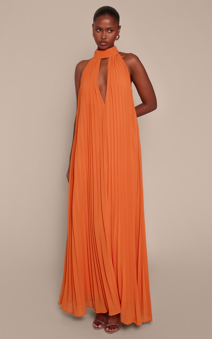 Orange Plisse High Neck Maxi Dress image 1