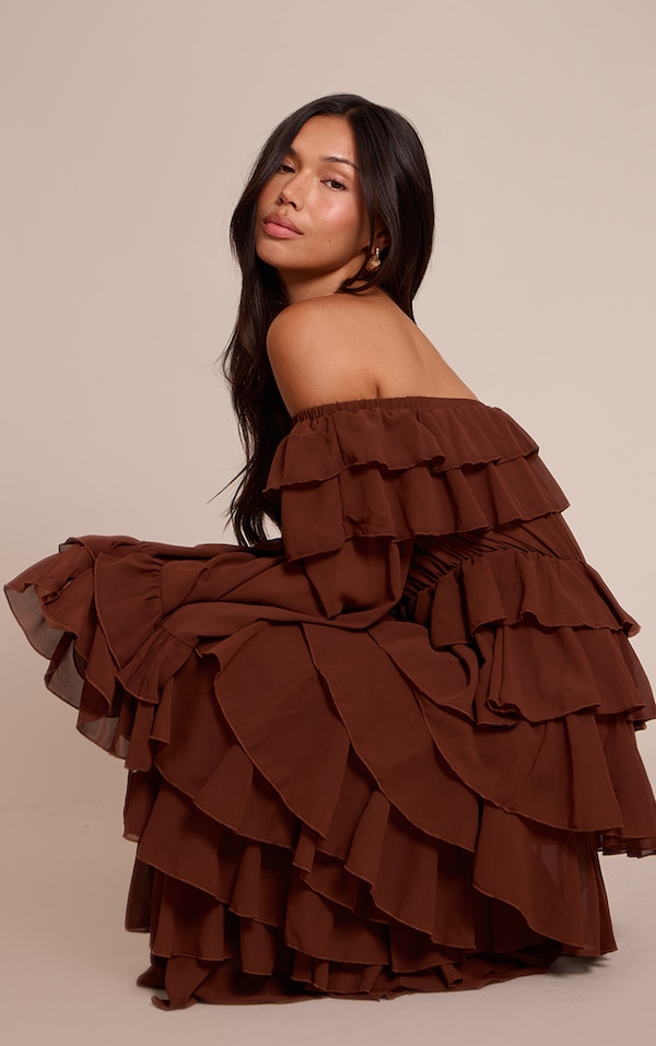 Chocolate Chiffon Bardot Extreme Frill Maxi Dress