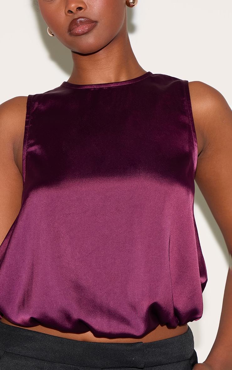 Wine Satin Bubble Hem Top image 4