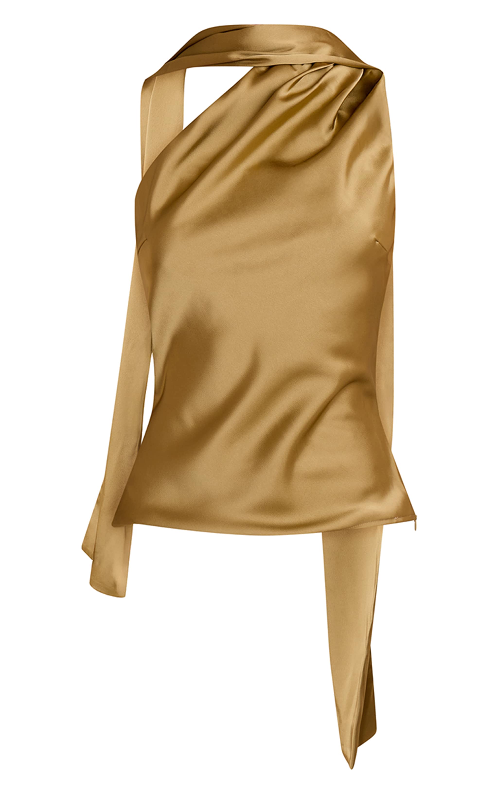 Haut asymétrique à détail foulard en matière satinée olive. image 5