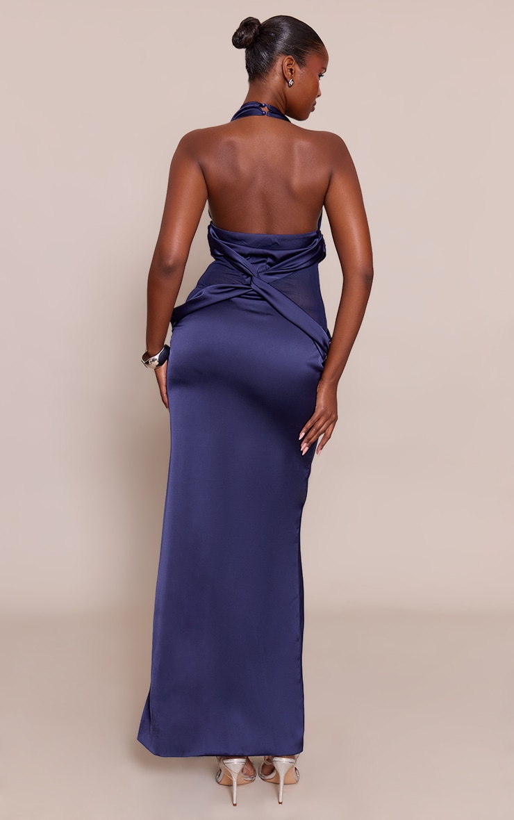Navy Satin Mesh Detail Maxi Dress image 2