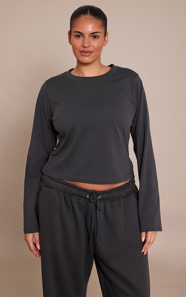 Plus Charcoal Fitted Long Sleeve T Shirt