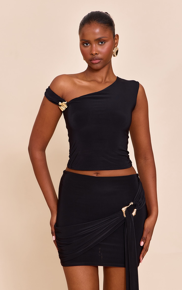 Black Double Layer Trim Detail Slinky Mini Skirt image 5