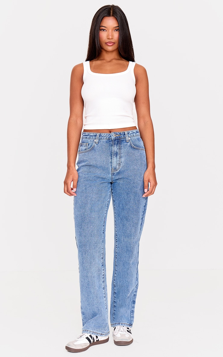 PRETTYLITTLETHING Mid Blue Wash High Waist Straight Leg Jeans