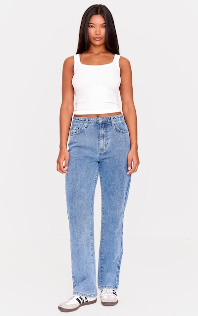 PRETTYLITTLETHING Mid Blue Wash High Waist Straight Leg Jeans