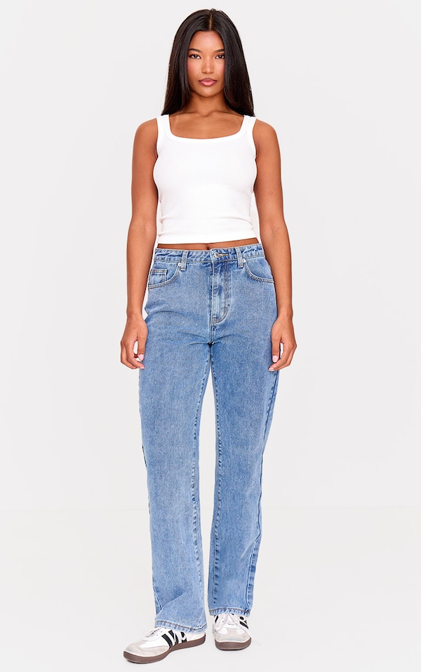 PRETTYLITTLETHING Mid Blue Wash High Waist Straight Leg Jeans