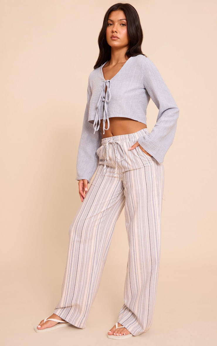 Light Blue Textured Tie Front Detail Blouse image 3