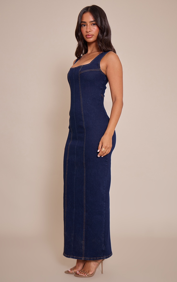 Petite Indigo Bodycon Seam Detail Denim Maxi Dress image 3