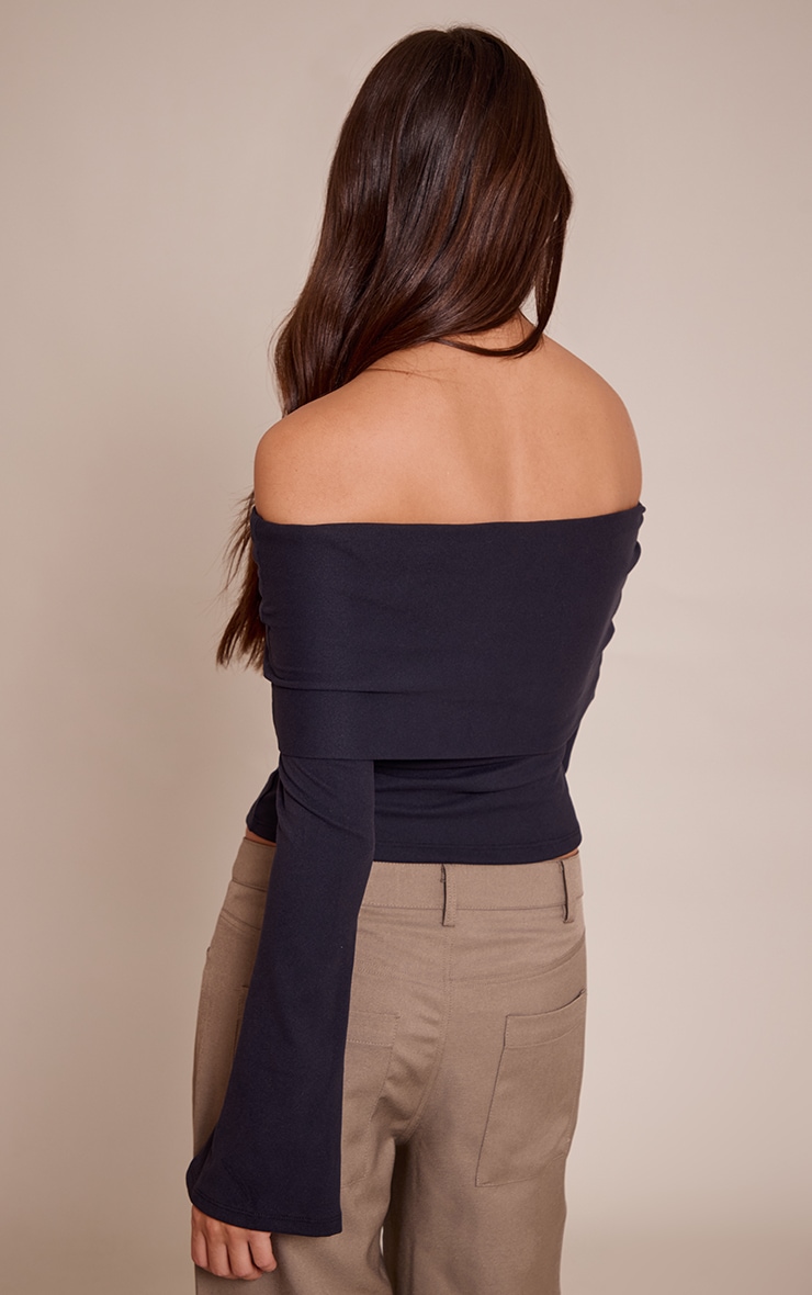 Black Ultra Soft Deep Foldover Bardot Long Sleeve Top image 2