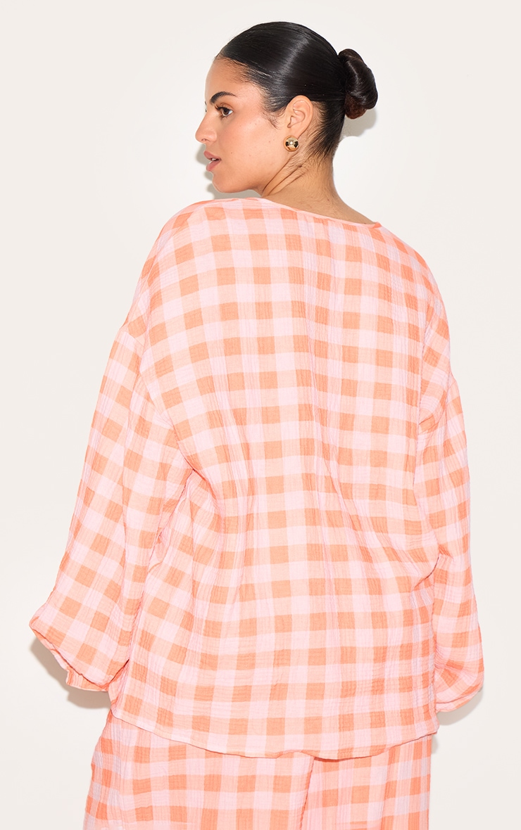Plus Orange Checked Cheesecloth Tie Front Long Sleeve Shirt image 2
