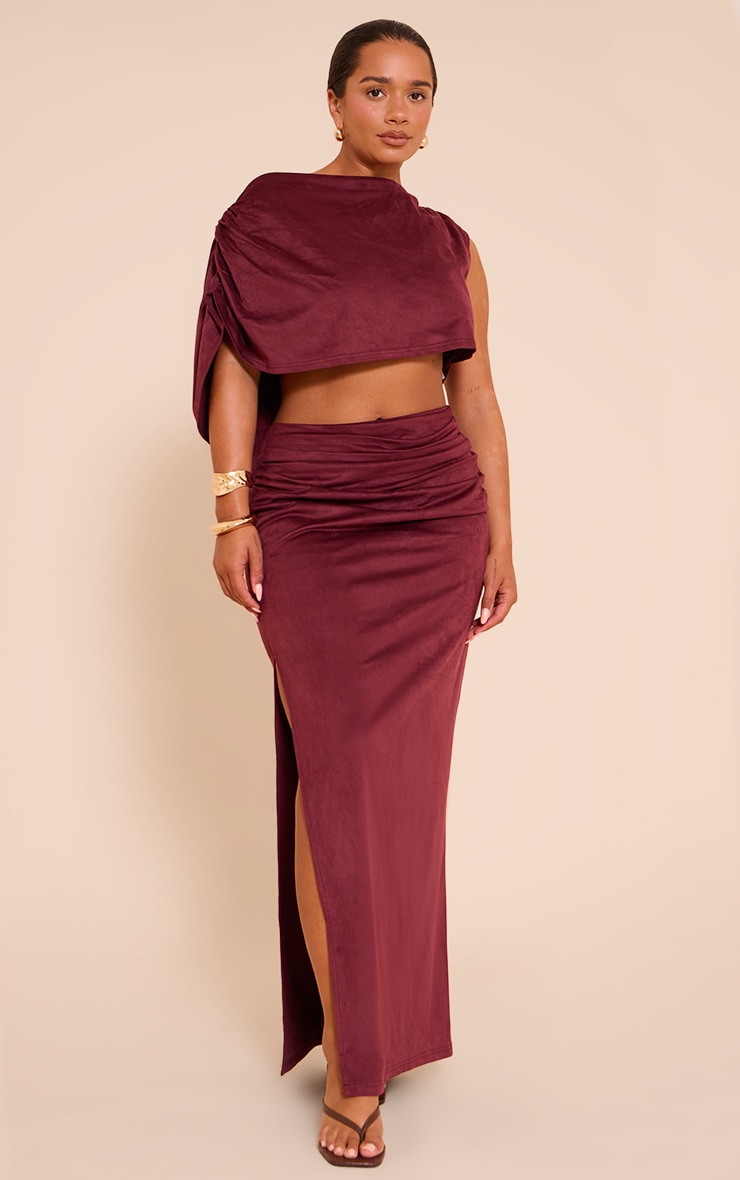Shape Wine Faux Suede Ruched Side Split Maxi Skirt image 1