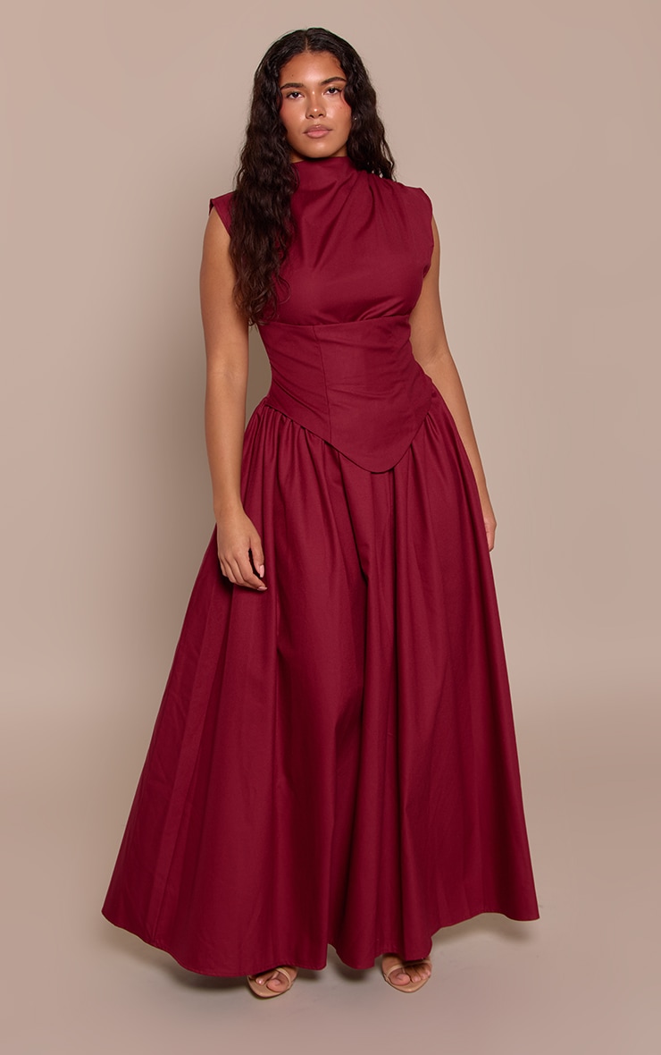 Shape Burgundy Woven High Neck Corseted Maxi Shift Dress