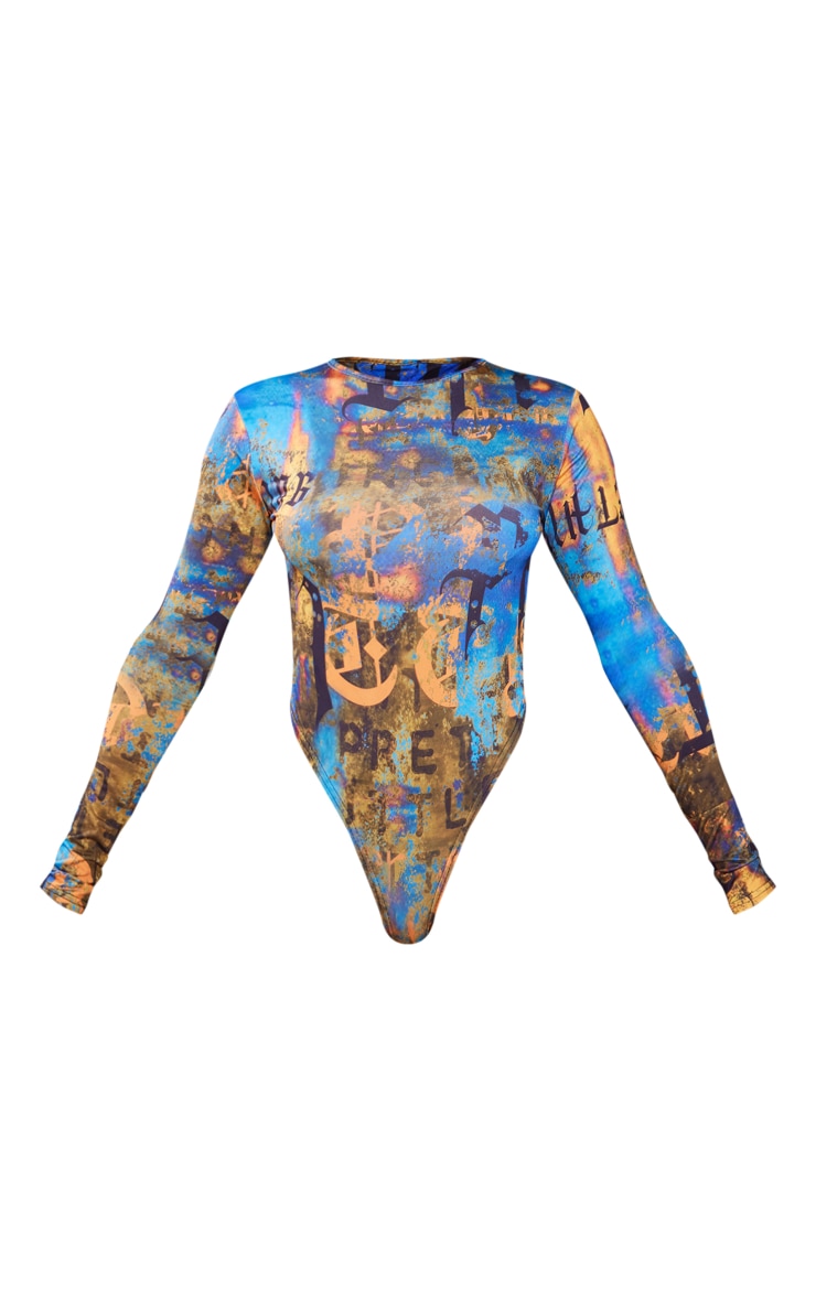 PRETTYLITTLETHING Petite Body échancré texturé bleu à manches longues et logo image 5