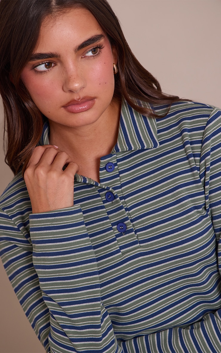 Green Soft Fleece Pinstripe Collar Detail Long Sleeve Top  image 4