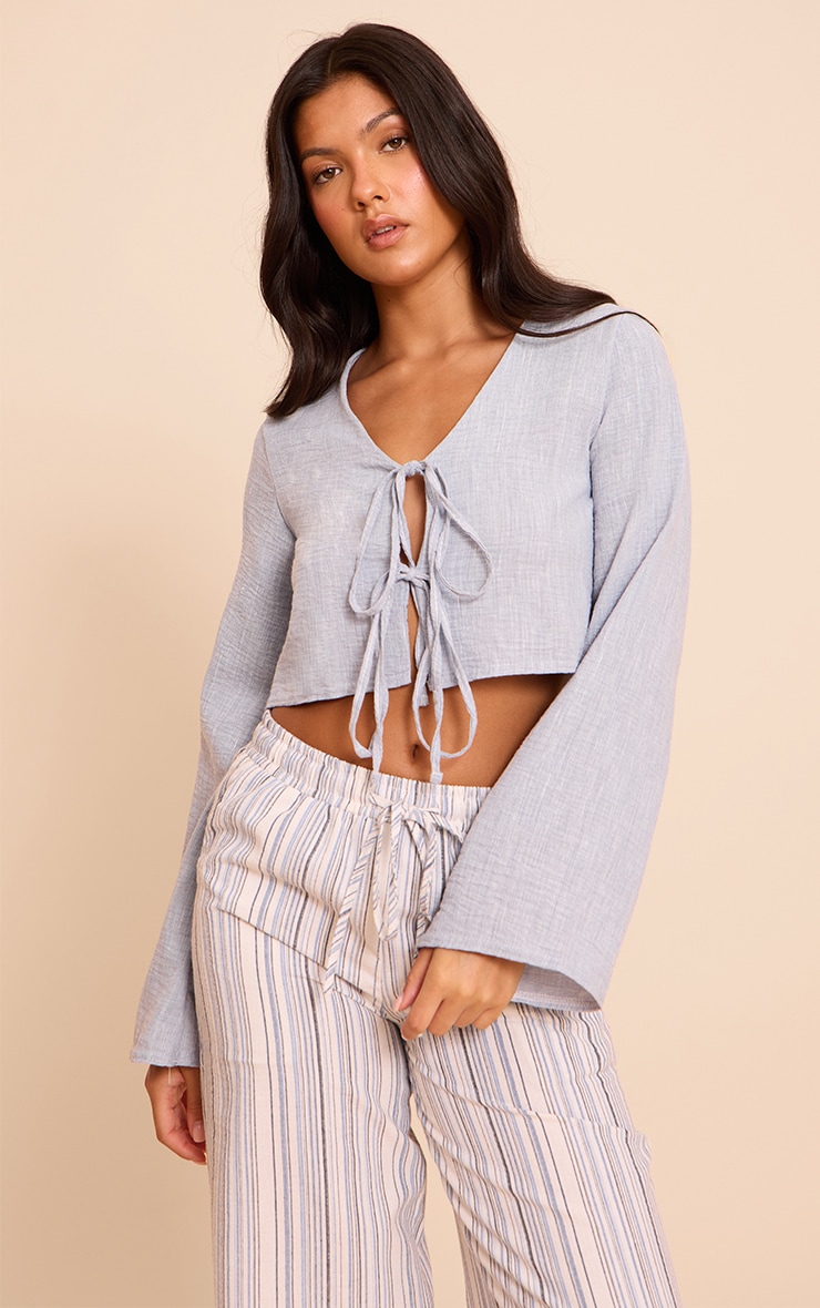 Light Blue Textured Tie Front Detail Blouse image 1