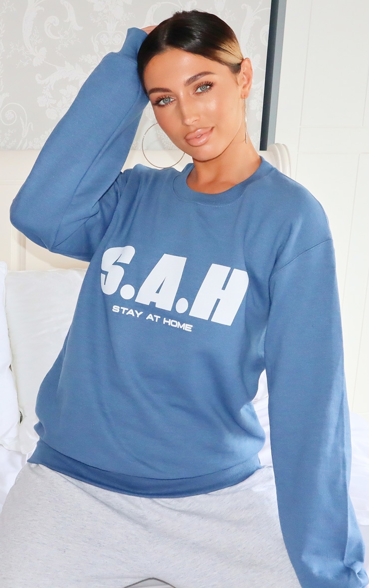 Blue Stay At Home Slogan Sweater