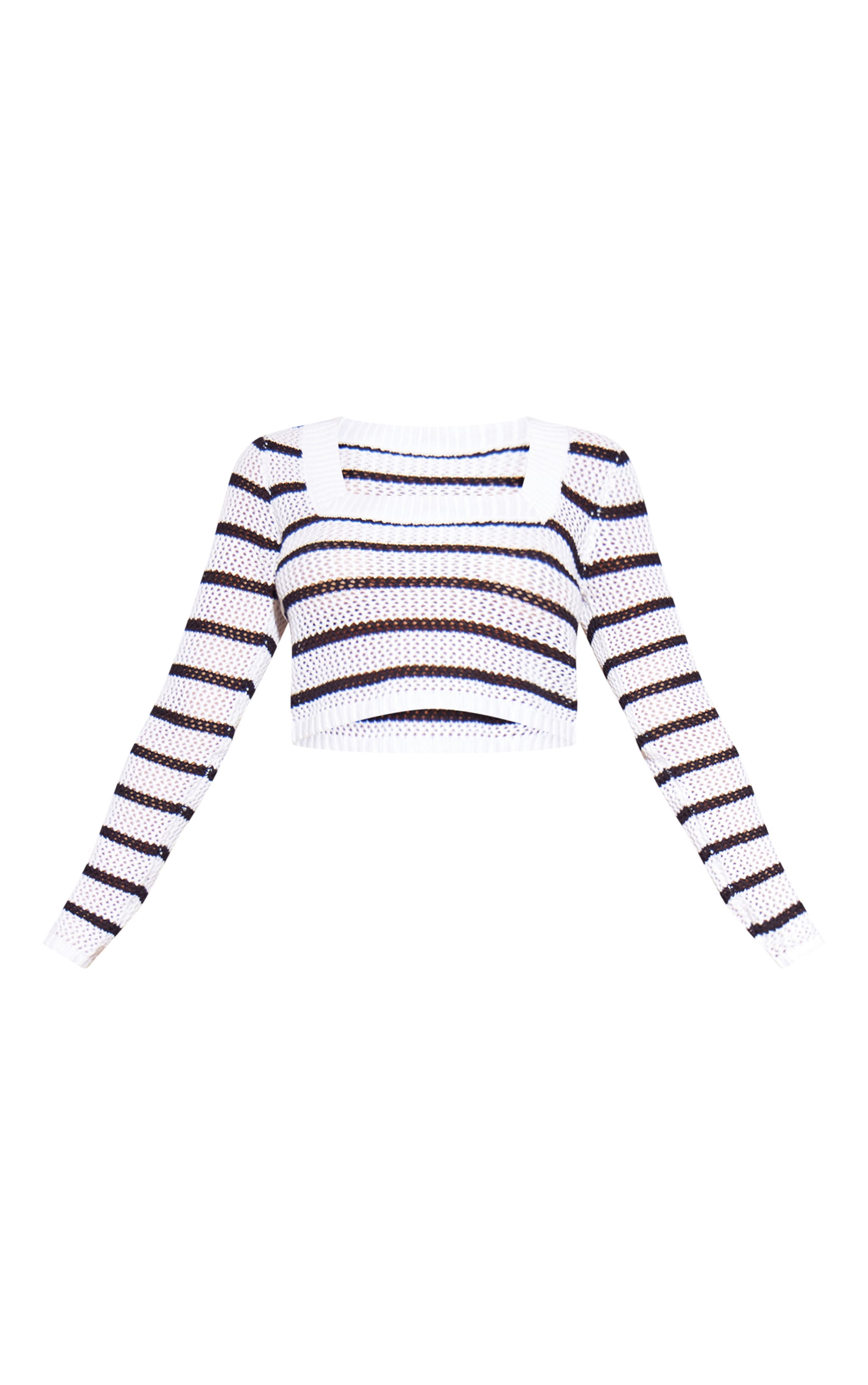 Monochrome Stripe Crochet Knit Square Neck Long Sleeve Top image 5