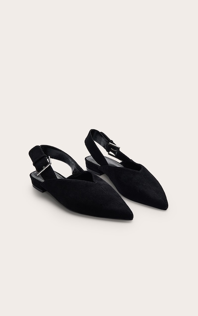 Mules pointues en suédine noire à bride derrière et boucles