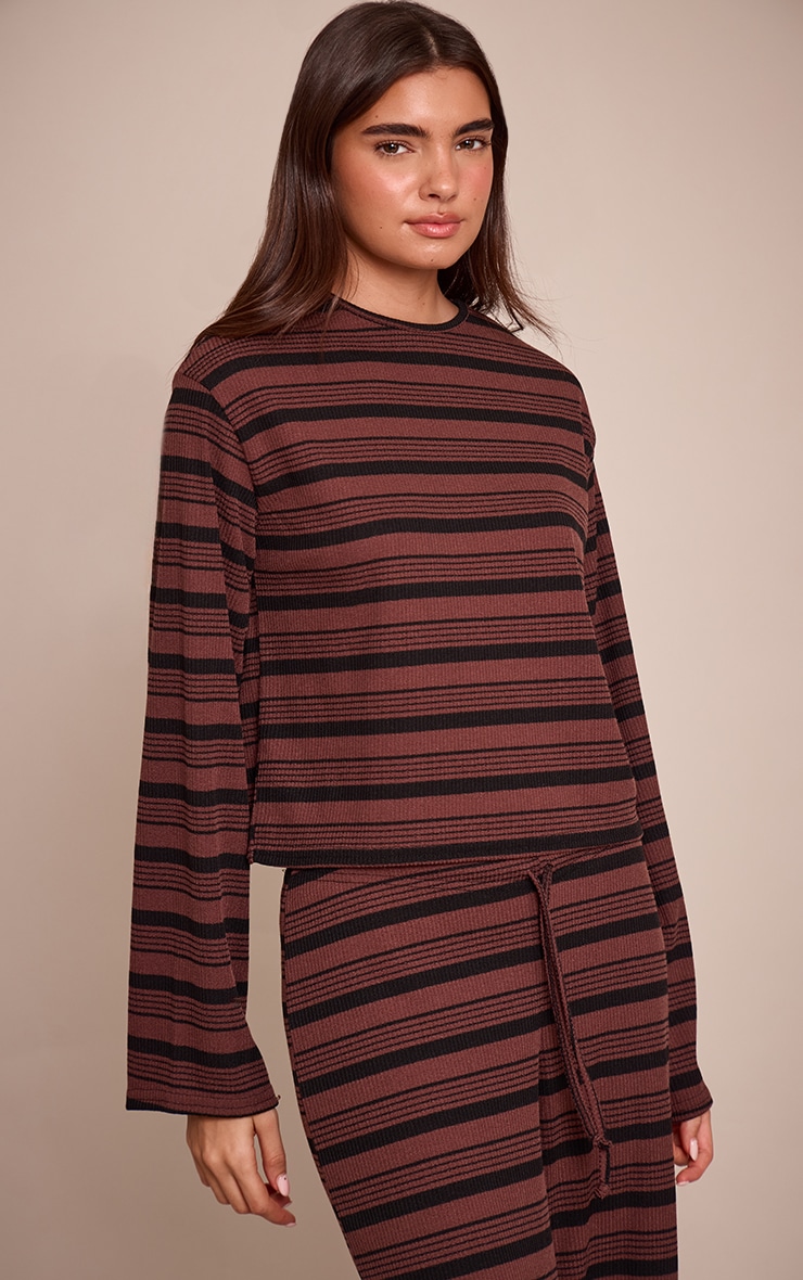Chocolate Textured Stripe Detail Long Sleeve Top