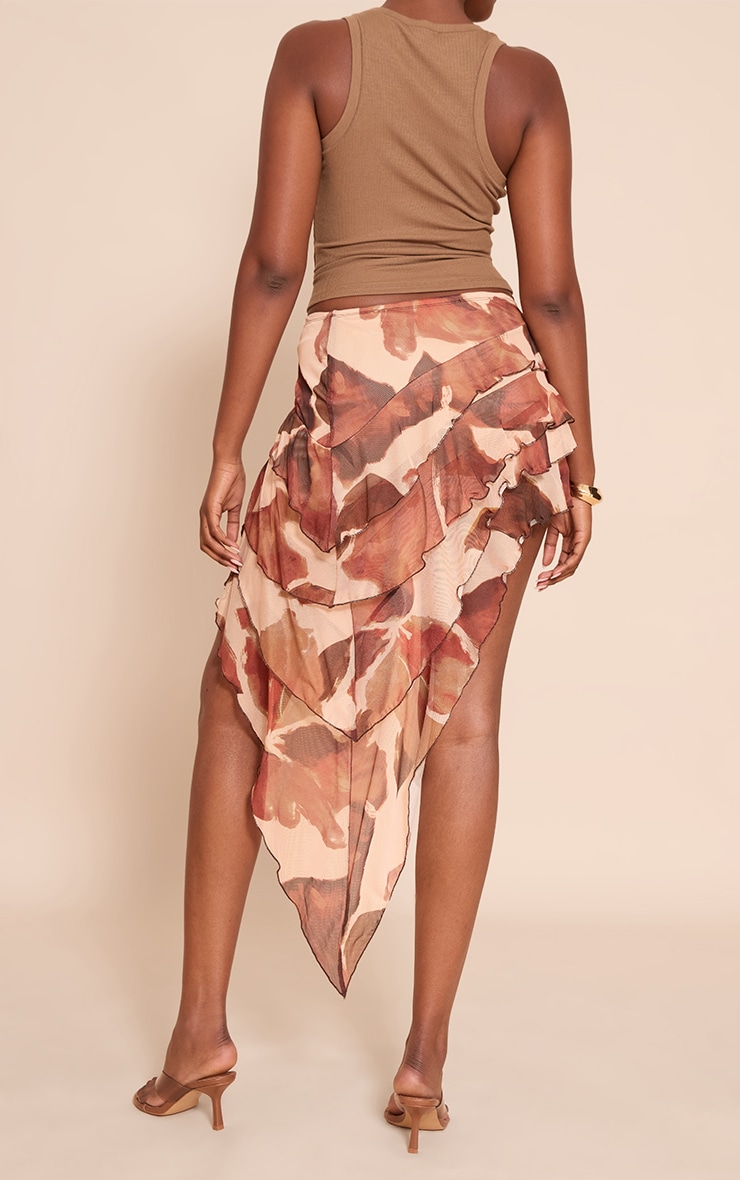 Rust Floral Printed Mesh Rara Asymmetric Midaxi Skirt image 3