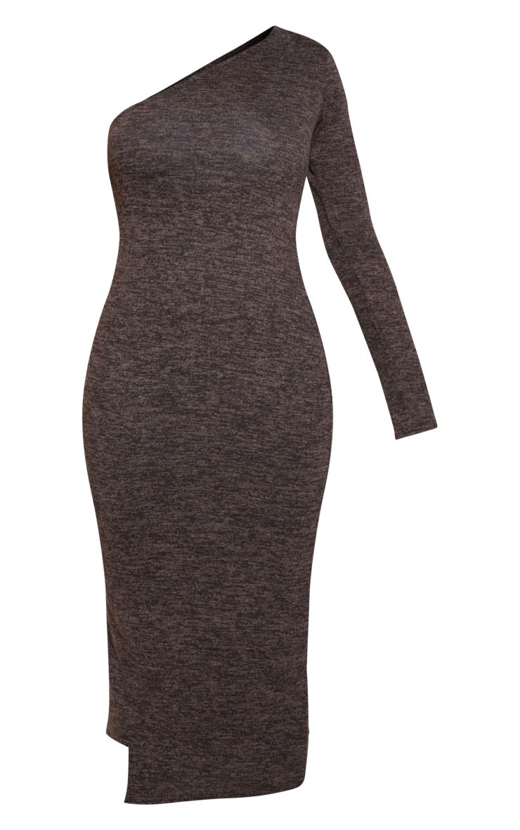 Chocolate Brushed Marl Jersey One Shoulder Midaxi Dress image 5