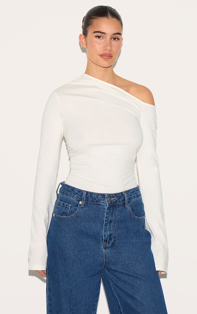 Cream Asymmetric Ruched Flared Sleeve Long Top