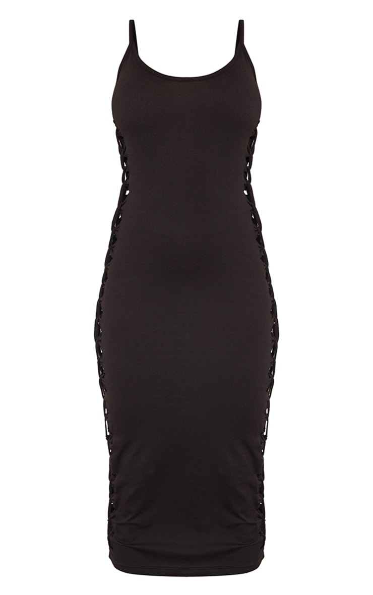 Black Strappy Laser Cut Out Side Detail Midi Dress image 1