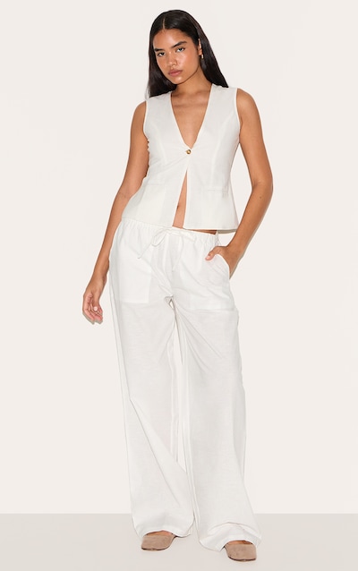 Tall White Linen Drawstring Waist Pants