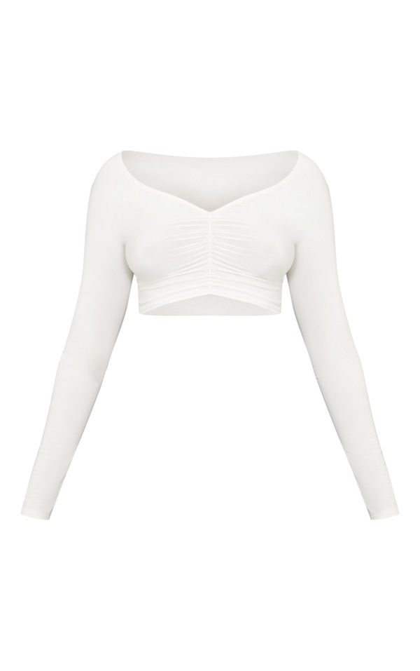 Cream Slinky Ruched Front Long Sleeve Crop Top image 5