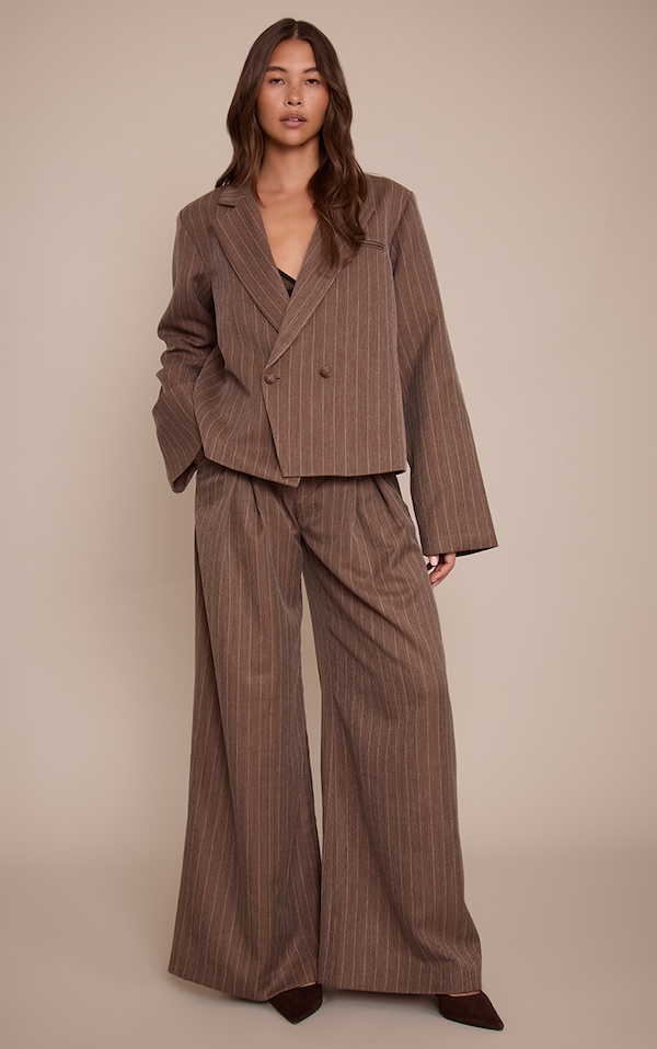 Chocolate Brown Pinstripe Pleated Wide Leg Pants