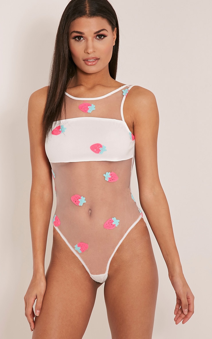 Annie White Strawberry Mesh Bodysuit PrettyLittleThing