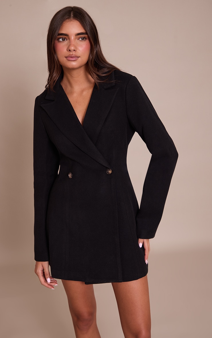 Black Wool Look Cinched Waist Blazer Dress image 3