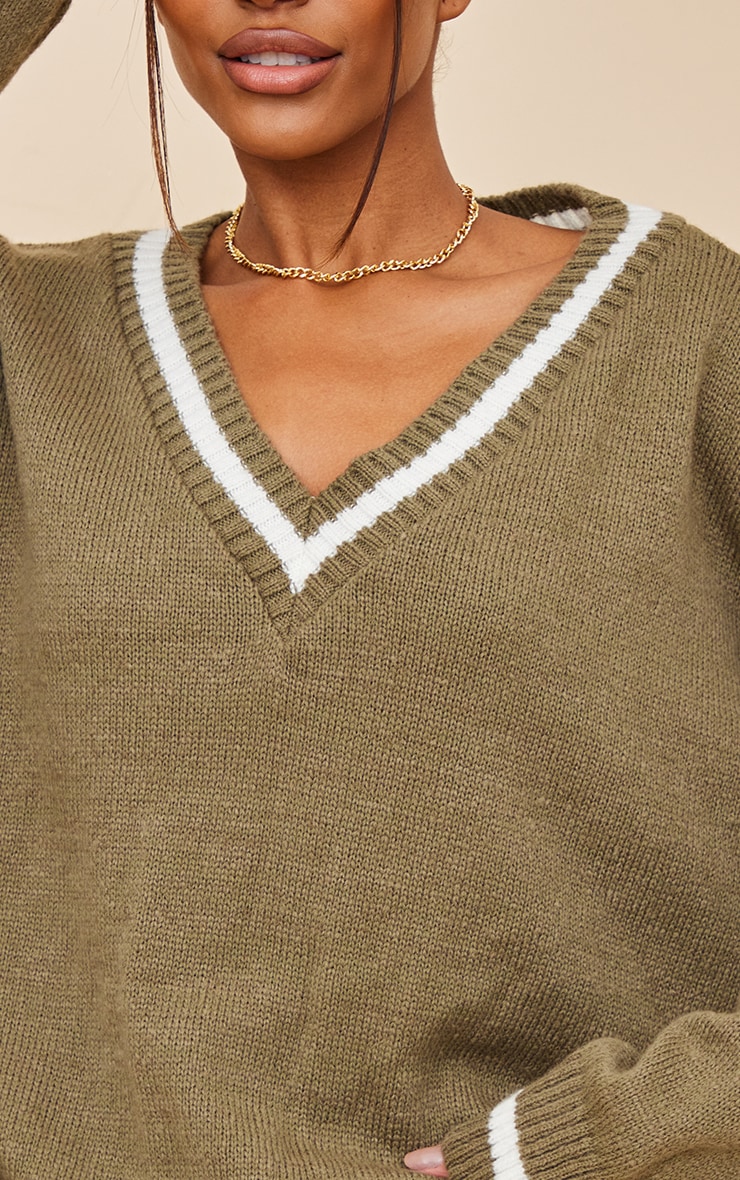 Khaki V Neck Varsity Style Oversized Knit Jumper image 4