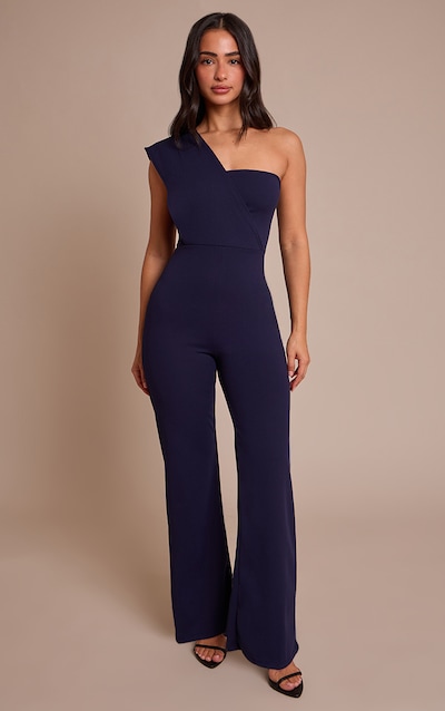 Petite Navy One Shoulder Drape Jumpsuit