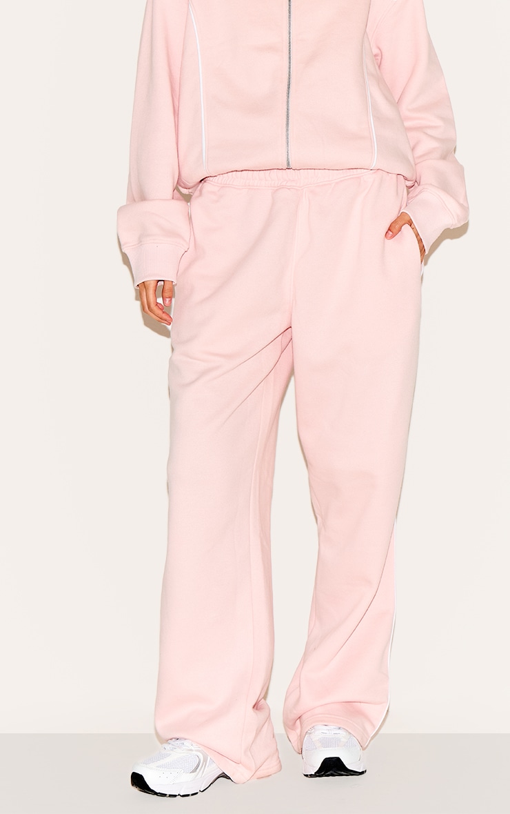 Baby Pink Wide Leg Contrast Seam Track Pants | Athleisure